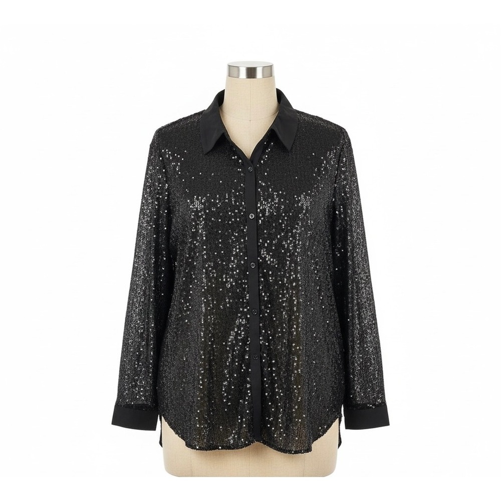 Cato Collection Black Sequin Button Up Shirt Long Sleeve Plus Size 26/28W